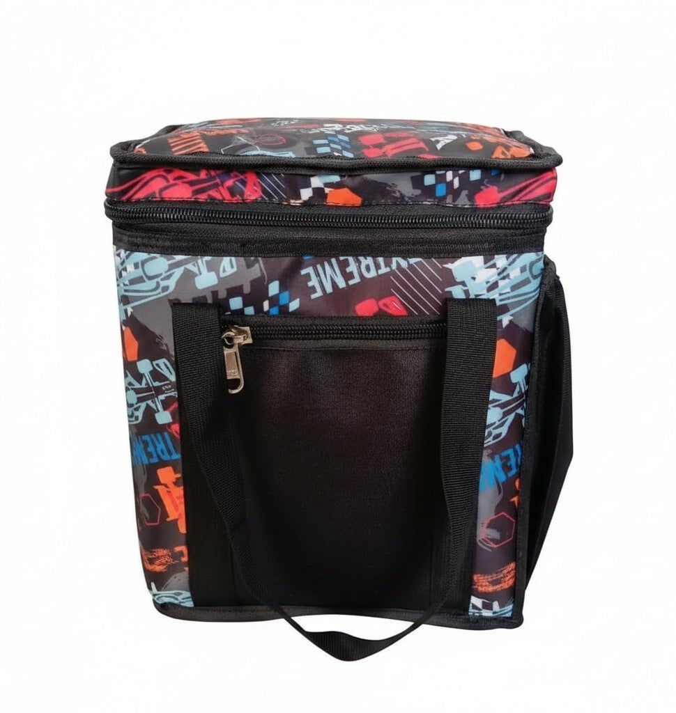 ReefyBags insulated lunch tote bag featuring a vibrant multi-colored graphic print with black reinforced handles.