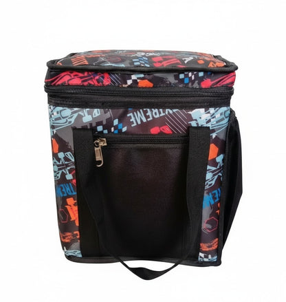 ReefyBags insulated lunch tote bag featuring a vibrant multi-colored graphic print with black reinforced handles.