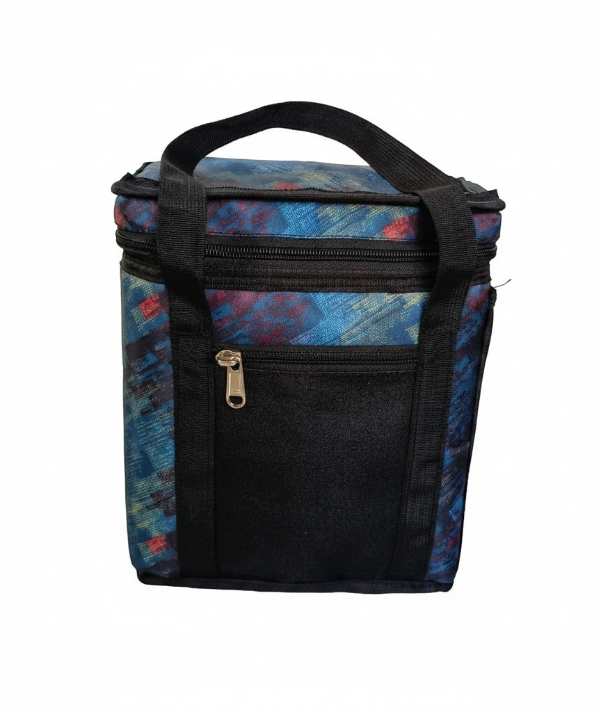 ReefyBags insulated lunch tote bag featuring a blue and red abstract graphic print with a black front pocket and handles