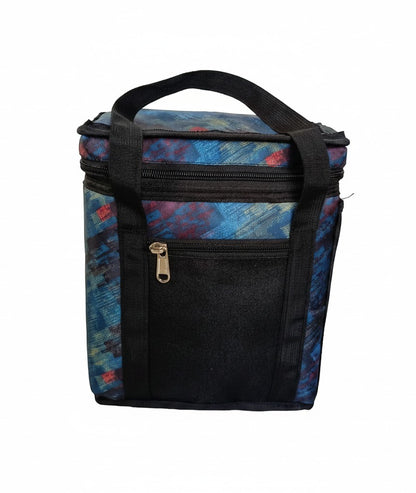 ReefyBags insulated lunch tote bag featuring a blue and red abstract graphic print with a black front pocket and handles