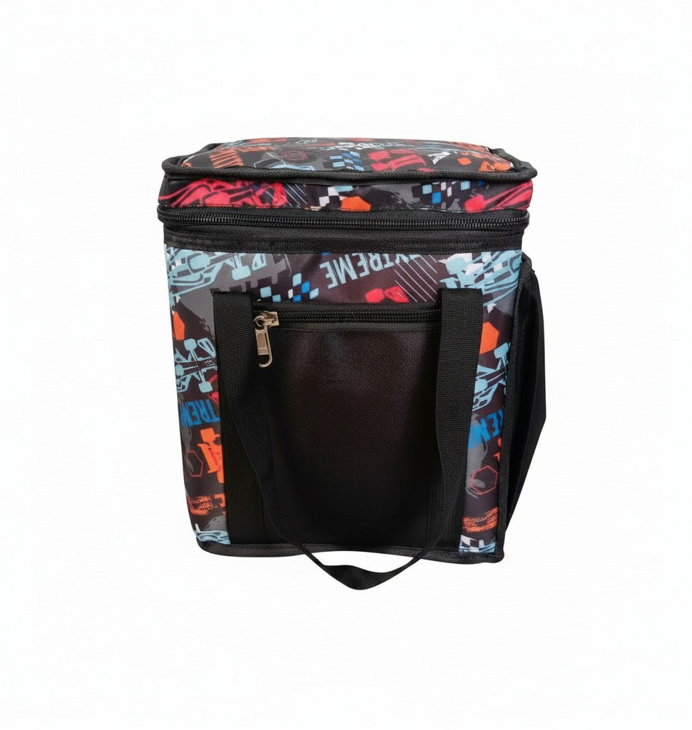 ReefyBags insulated lunch tote featuring a vibrant multi-colored graphic print, black handles, and front zip pocket.
