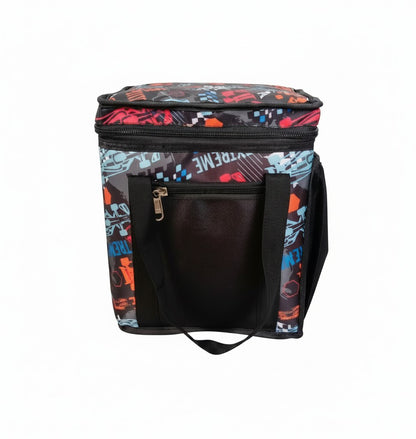 ReefyBags insulated lunch tote featuring a vibrant multi-colored graphic print, black handles, and front zip pocket.